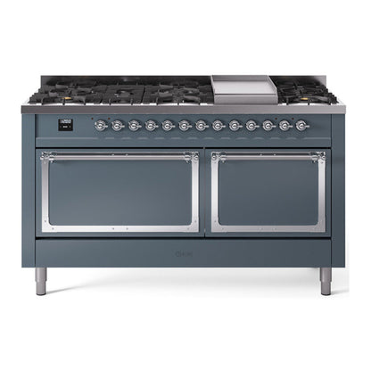 ILVE Nostalgie II Noblesse 60" Blue Grey Dual Fuel Range with 9 Burners and Griddle Solid Door Natural Gas