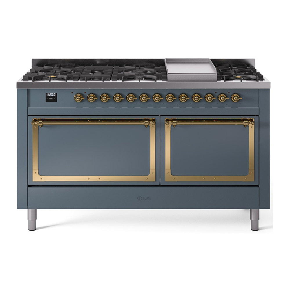 ILVE Nostalgie II Noblesse 60" Blue Grey Dual Fuel Range with 9 Burners and Griddle Solid Door Natural Gas