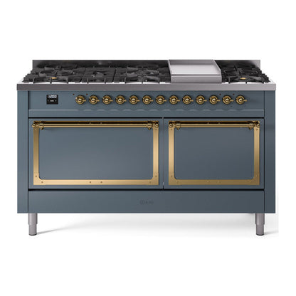 ILVE Nostalgie II Noblesse 60" Blue Grey Dual Fuel Range with 9 Burners and Griddle Solid Door Natural Gas