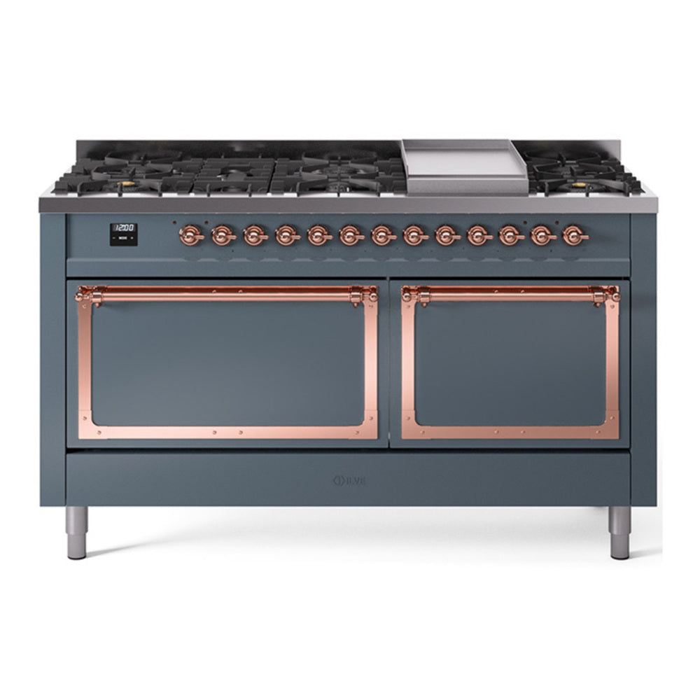 ILVE Nostalgie II Noblesse 60" Blue Grey Dual Fuel Range with 9 Burners and Griddle Solid Door Natural Gas
