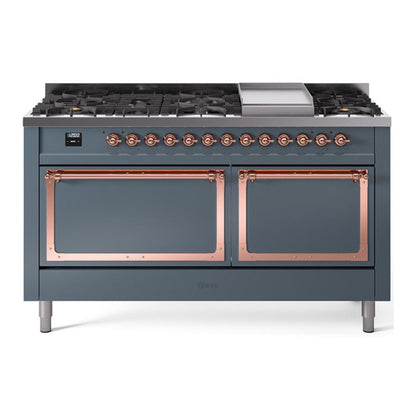 ILVE Nostalgie II Noblesse 60" Blue Grey Dual Fuel Range with 9 Burners and Griddle Solid Door Natural Gas