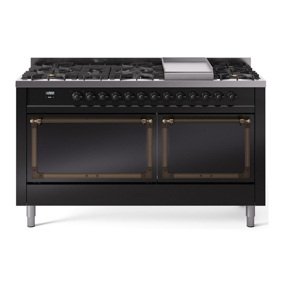 ILVE Nostalgie II Noblesse 60" Glossy Black Dual Fuel Range with 9 Burners and Griddle Solid Door Natural Gas