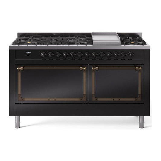 ILVE Nostalgie II Noblesse 60" Glossy Black Dual Fuel Range with 9 Burners and Griddle Solid Door Natural Gas