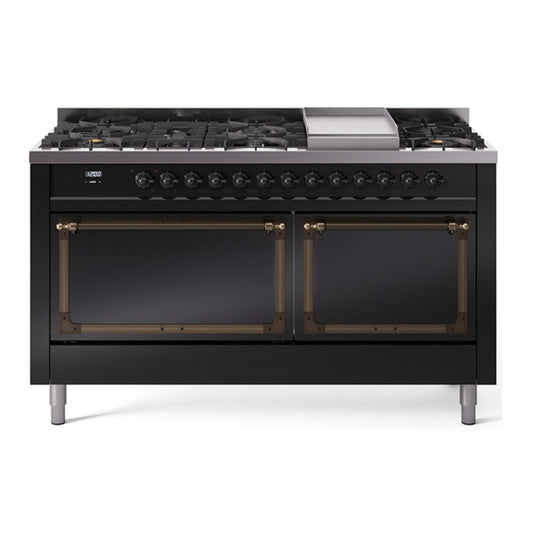 ILVE Nostalgie II Noblesse 60" Glossy Black Dual Fuel Range with 9 Burners and Griddle Solid Door Natural Gas
