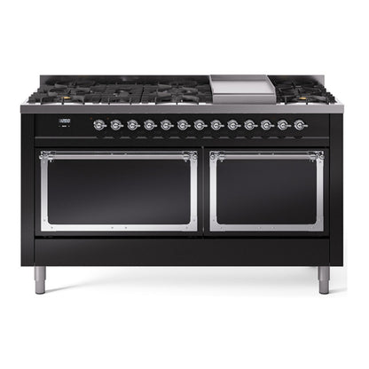 ILVE Nostalgie II Noblesse 60" Glossy Black Dual Fuel Range with 9 Burners and Griddle Solid Door Liquid Propane