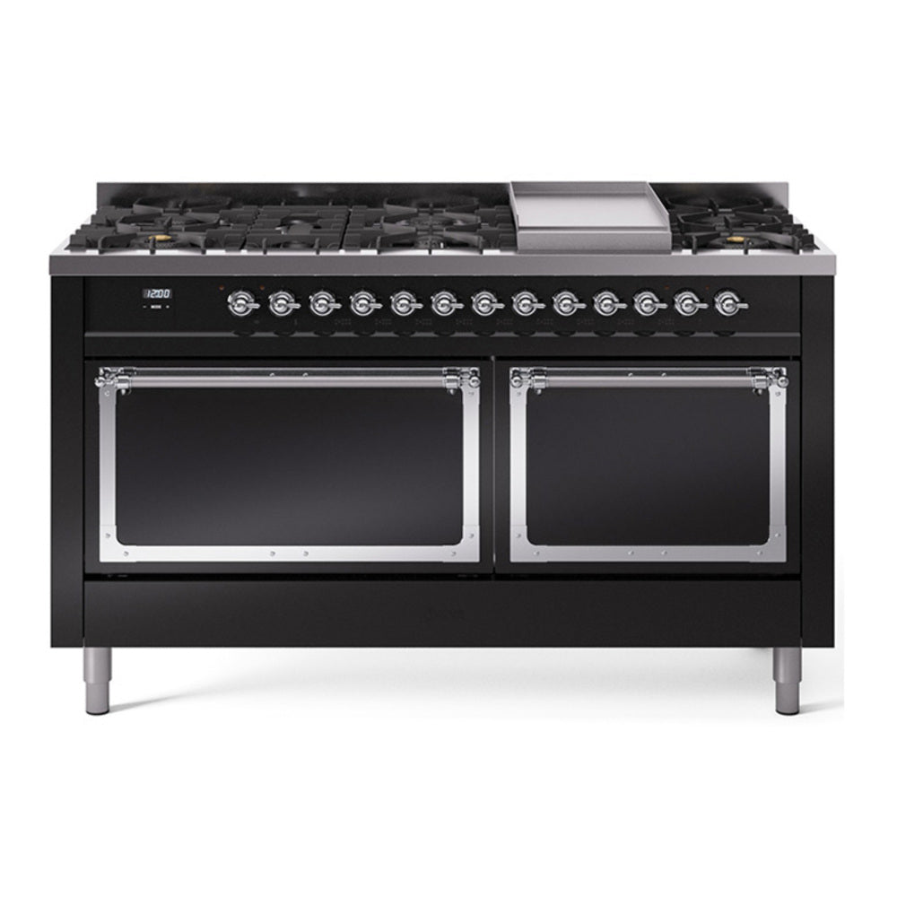 ILVE Nostalgie II Noblesse 60" Glossy Black Dual Fuel Range with 9 Burners and Griddle Solid Door Natural Gas