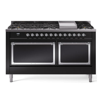 ILVE Nostalgie II Noblesse 60" Glossy Black Dual Fuel Range with 9 Burners and Griddle Solid Door Natural Gas
