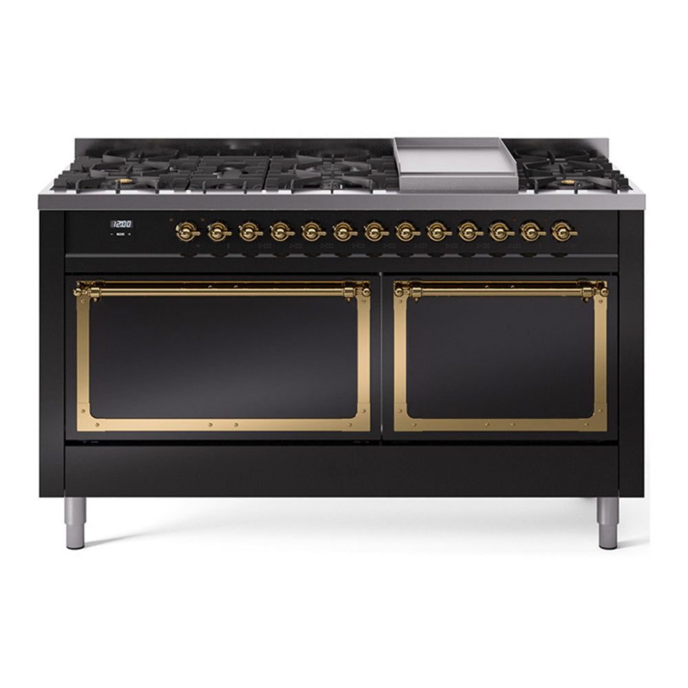 ILVE Nostalgie II Noblesse 60" Glossy Black Dual Fuel Range with 9 Burners and Griddle Solid Door Natural Gas