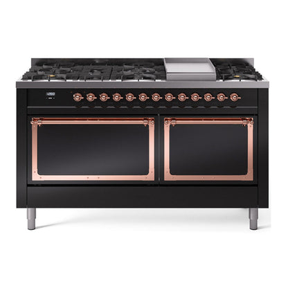 ILVE Nostalgie II Noblesse 60" Glossy Black Dual Fuel Range with 9 Burners and Griddle Solid Door Natural Gas