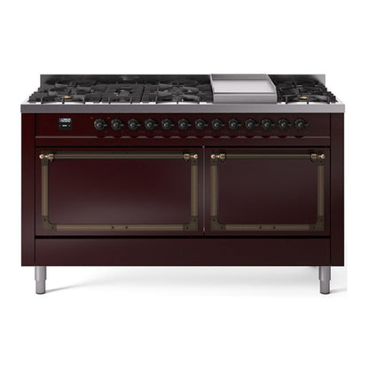 ILVE Nostalgie II Noblesse 60" Burgundy Dual Fuel Range with 9 Burners and Griddle Solid Door Natural Gas