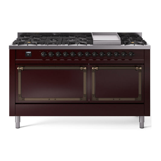 ILVE Nostalgie II Noblesse 60" Burgundy Dual Fuel Range with 9 Burners and Griddle Solid Door Natural Gas