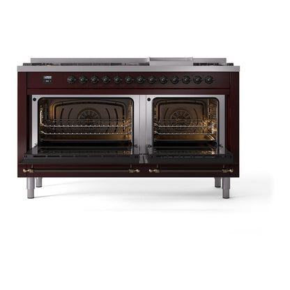 ILVE Nostalgie II Noblesse 60" Burgundy Dual Fuel Range with 9 Burners and Griddle Solid Door Natural Gas