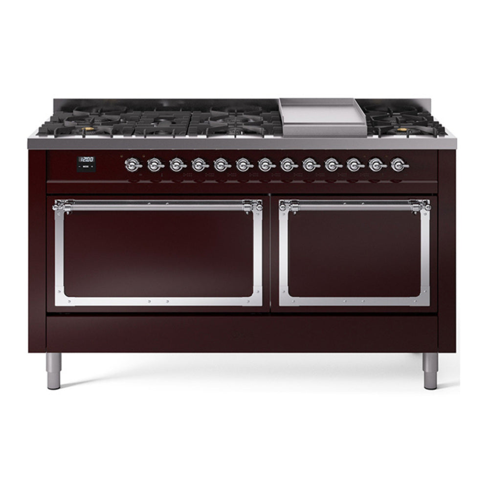 ILVE Nostalgie II Noblesse 60" Burgundy Dual Fuel Range with 9 Burners and Griddle Solid Door Natural Gas