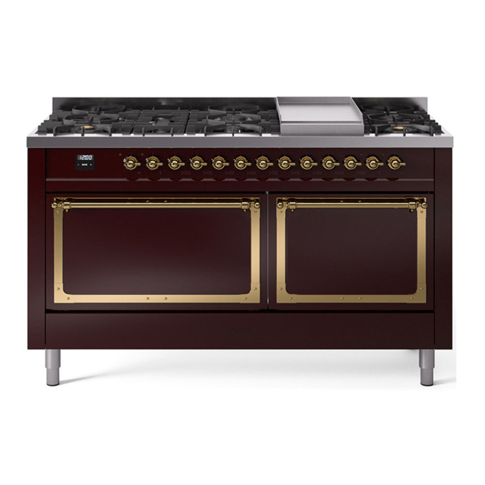 ILVE Nostalgie II Noblesse 60" Burgundy Dual Fuel Range with 9 Burners and Griddle Solid Door Natural Gas