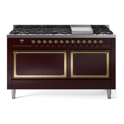 ILVE Nostalgie II Noblesse 60" Burgundy Dual Fuel Range with 9 Burners and Griddle Solid Door Natural Gas