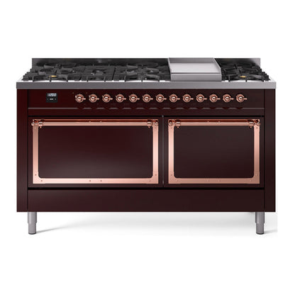 ILVE Nostalgie II Noblesse 60" Burgundy Dual Fuel Range with 9 Burners and Griddle Solid Door Natural Gas