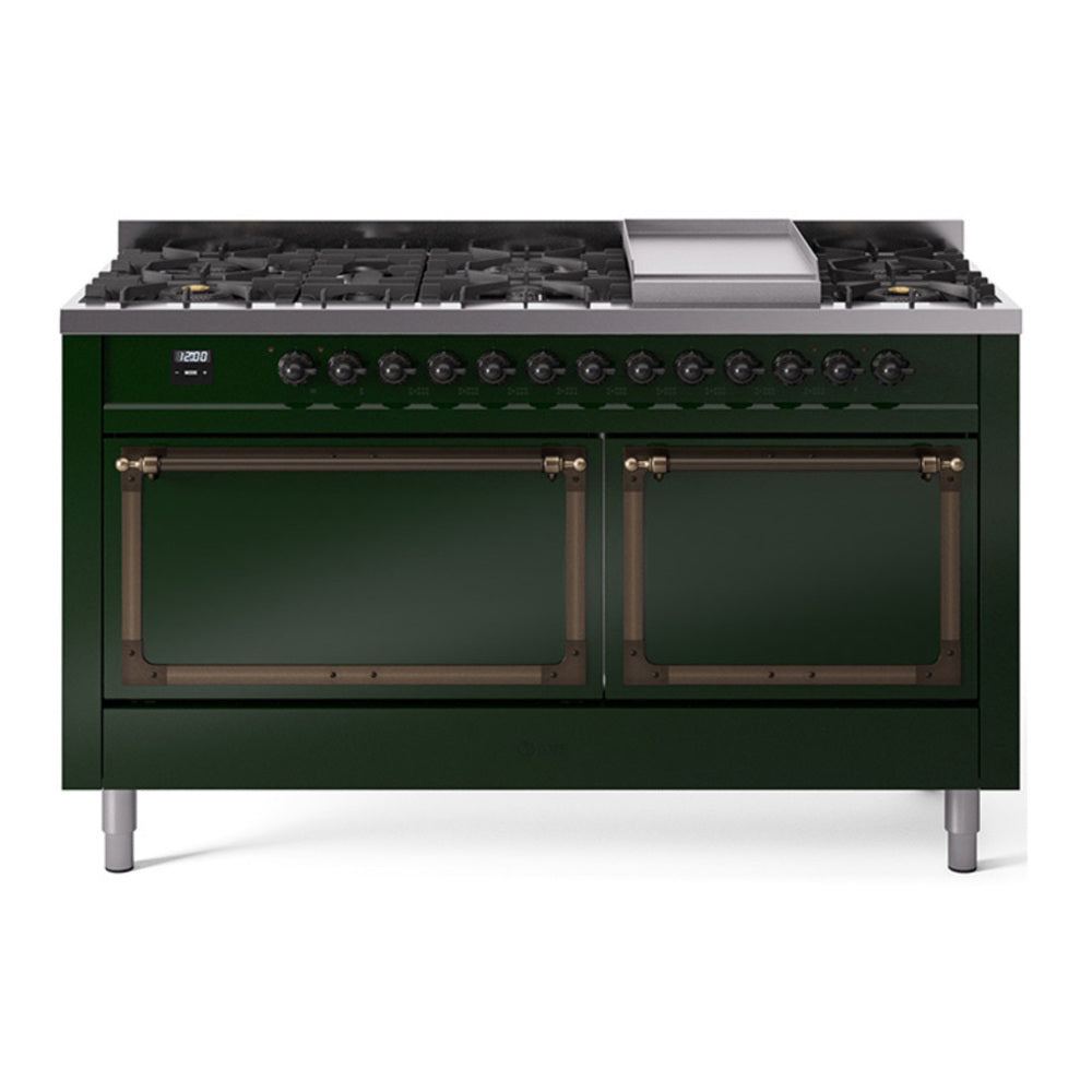 ILVE Nostalgie II Noblesse 60" Emerald Green Dual Fuel Range with 9 Burners and Griddle Solid Door Natural Gas