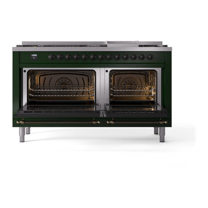 ILVE Nostalgie II Noblesse 60" Emerald Green Dual Fuel Range with 9 Burners and Griddle Solid Door Natural Gas
