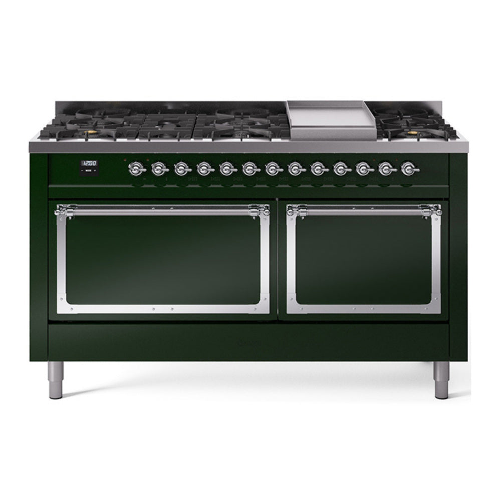 ILVE Nostalgie II Noblesse 60" Emerald Green Dual Fuel Range with 9 Burners and Griddle Solid Door Natural Gas