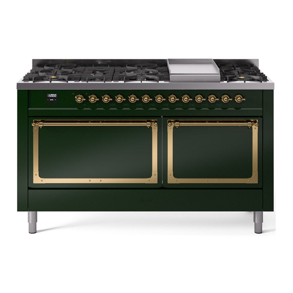 ILVE Nostalgie II Noblesse 60" Emerald Green Dual Fuel Range with 9 Burners and Griddle Solid Door Natural Gas