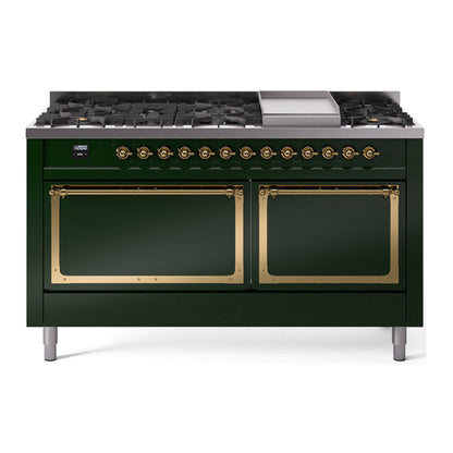 ILVE Nostalgie II Noblesse 60" Emerald Green Dual Fuel Range with 9 Burners and Griddle Solid Door Natural Gas
