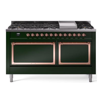 ILVE Nostalgie II Noblesse 60" Emerald Green Dual Fuel Range with 9 Burners and Griddle Solid Door Natural Gas