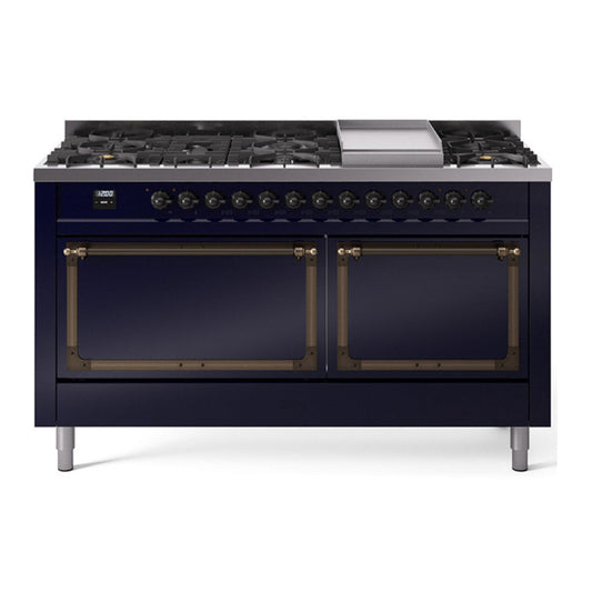 ILVE Nostalgie II Noblesse 60" Midnight Blue Dual Fuel Range with 9 Burners and Griddle Solid Door Natural Gas