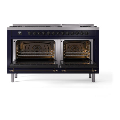 ILVE Nostalgie II Noblesse 60" Midnight Blue Dual Fuel Range with 9 Burners and Griddle Solid Door Natural Gas