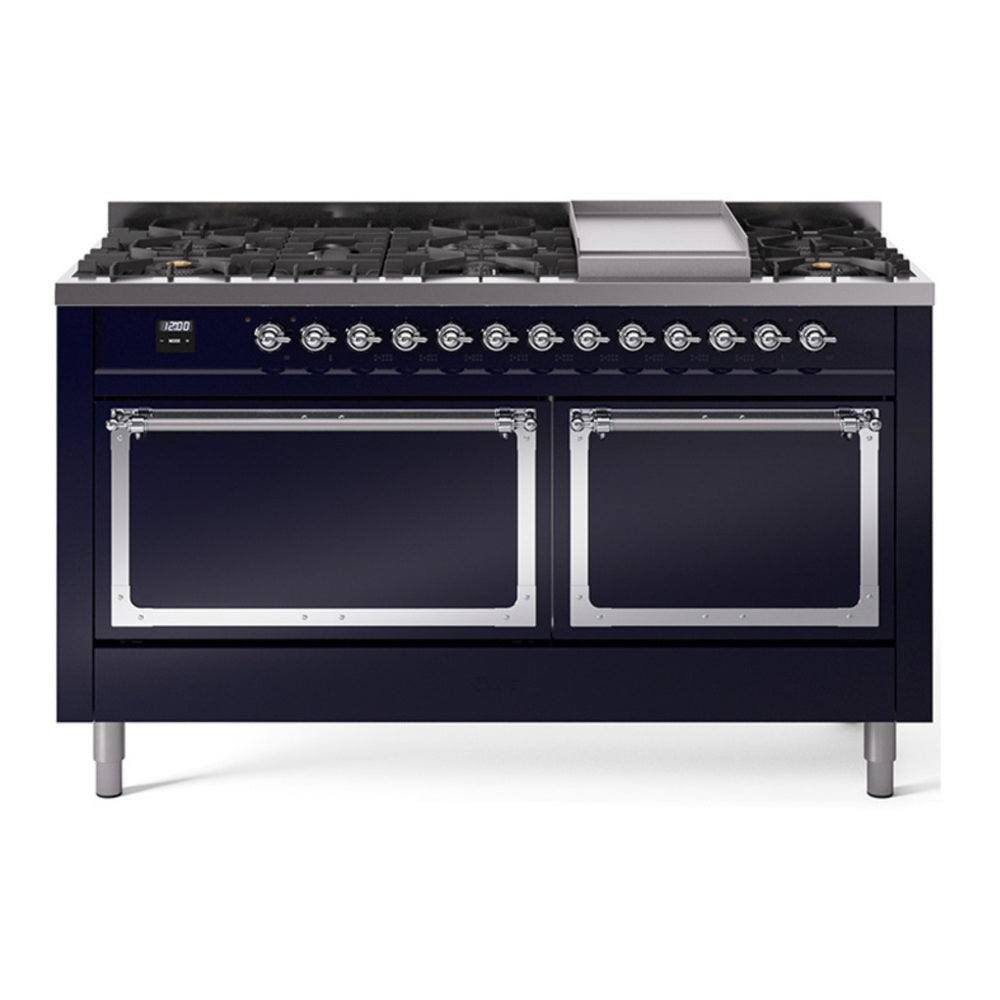 ILVE Nostalgie II Noblesse 60" Midnight Blue Dual Fuel Range with 9 Burners and Griddle Solid Door Natural Gas