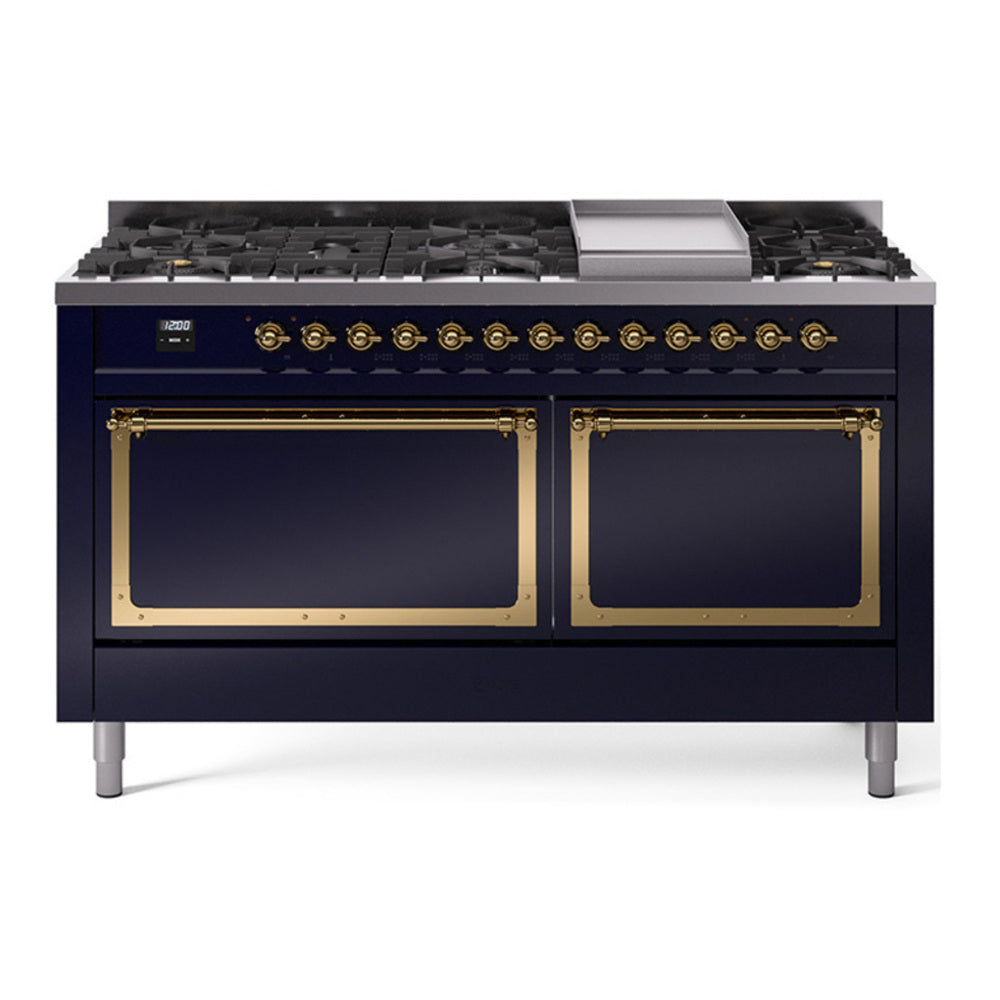 ILVE Nostalgie II Noblesse 60" Midnight Blue Dual Fuel Range with 9 Burners and Griddle Solid Door Natural Gas