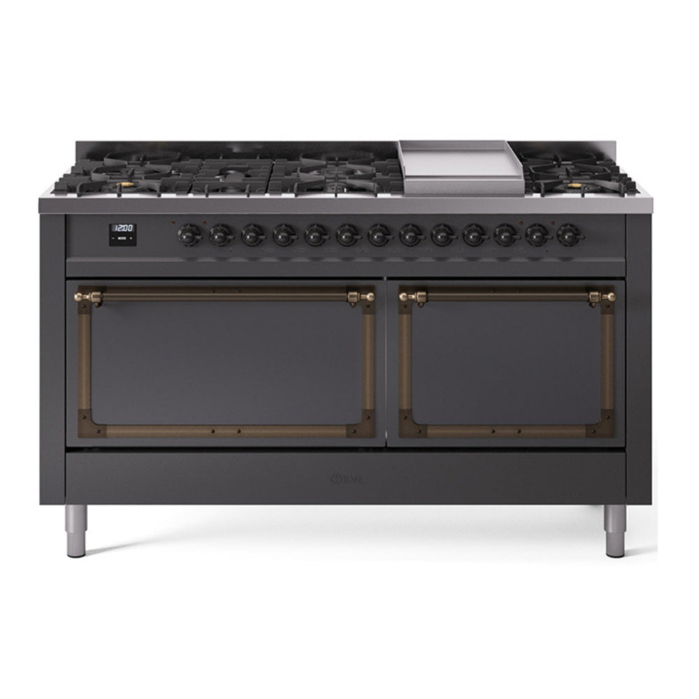 ILVE Nostalgie II Noblesse 60" Graphite Matte Dual Fuel Range with 9 Burners and Griddle Solid Door Natural Gas