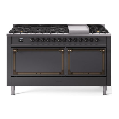 ILVE Nostalgie II Noblesse 60" Graphite Matte Dual Fuel Range with 9 Burners and Griddle Solid Door Natural Gas