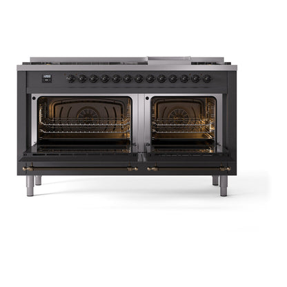 ILVE Nostalgie II Noblesse 60" Graphite Matte Dual Fuel Range with 9 Burners and Griddle Solid Door Natural Gas