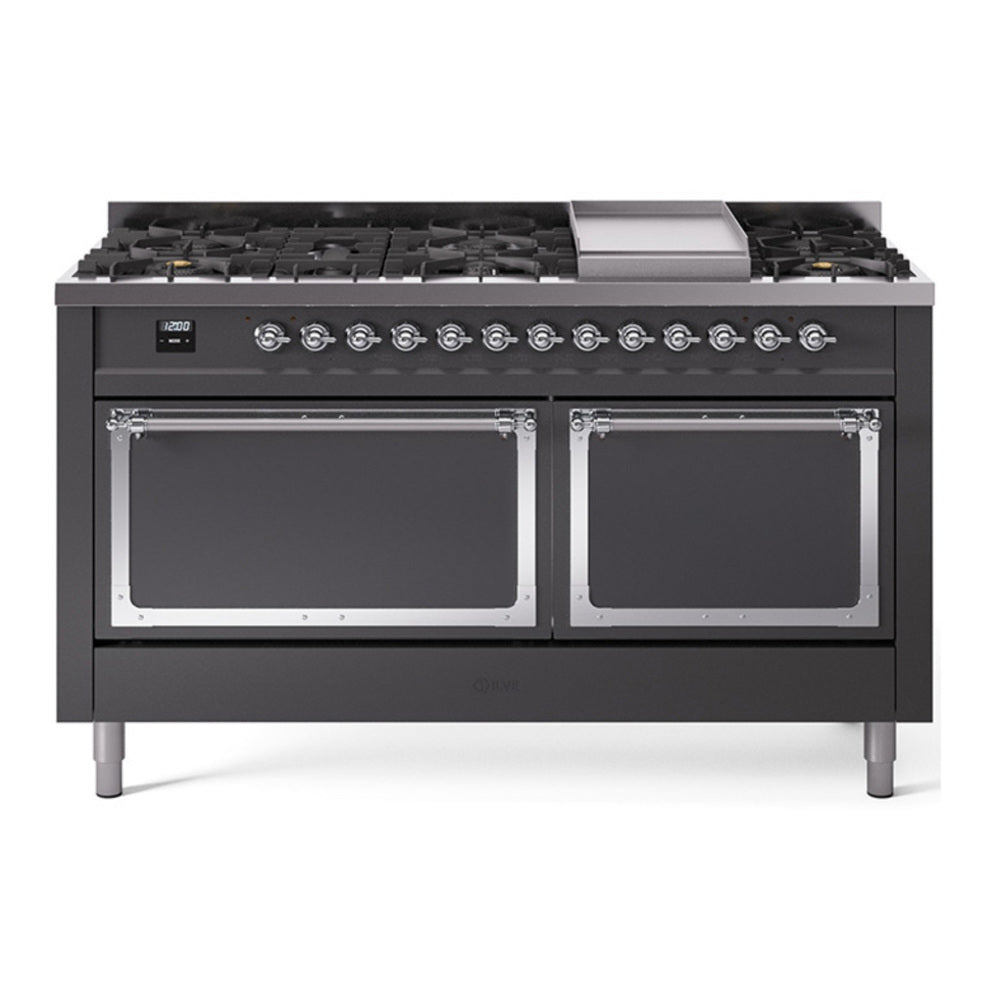 ILVE Nostalgie II Noblesse 60" Graphite Matte Dual Fuel Range with 9 Burners and Griddle Solid Door Natural Gas