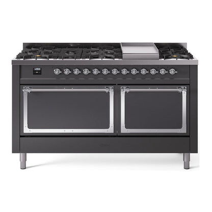 ILVE Nostalgie II Noblesse 60" Graphite Matte Dual Fuel Range with 9 Burners and Griddle Solid Door Natural Gas