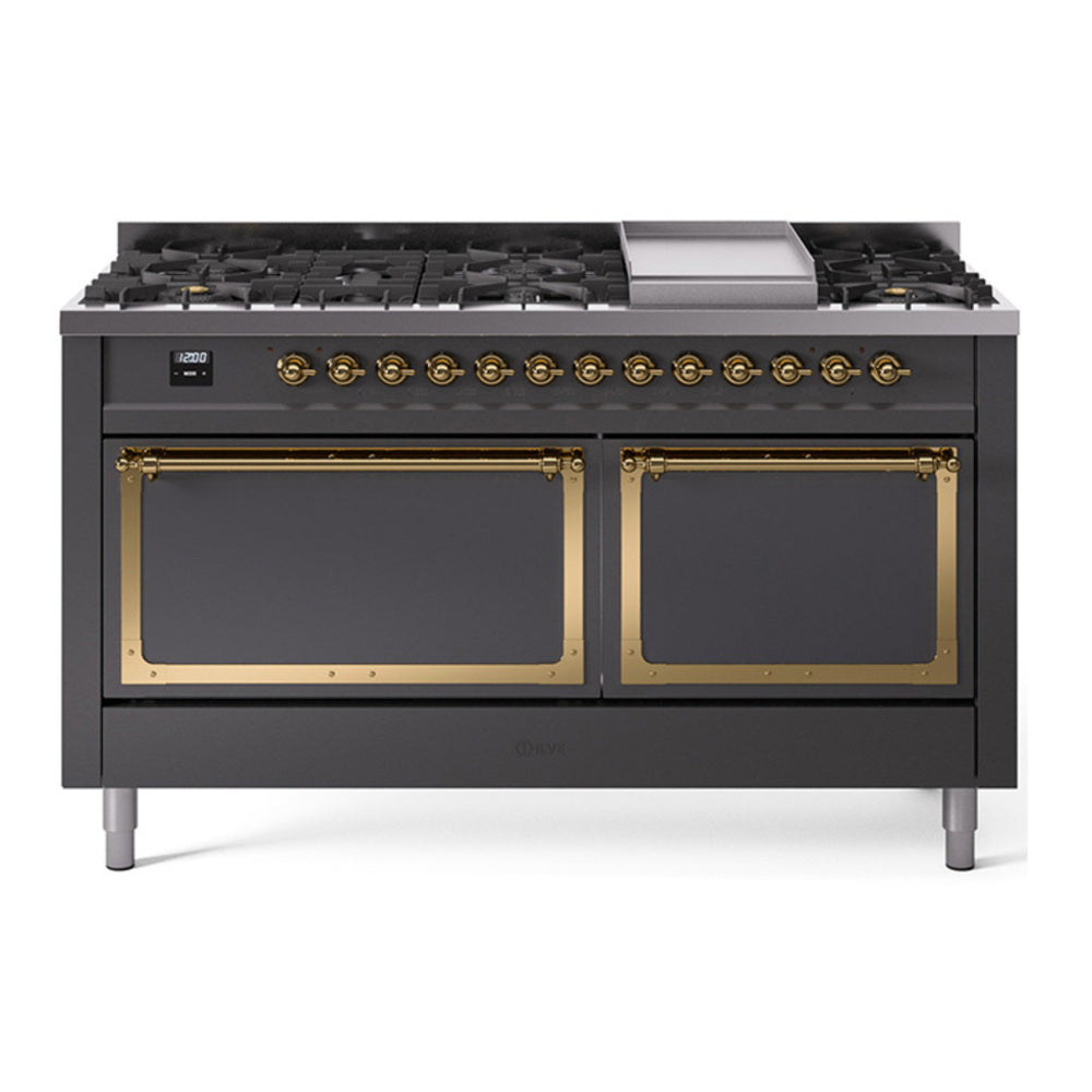 ILVE Nostalgie II Noblesse 60" Graphite Matte Dual Fuel Range with 9 Burners and Griddle Solid Door Natural Gas
