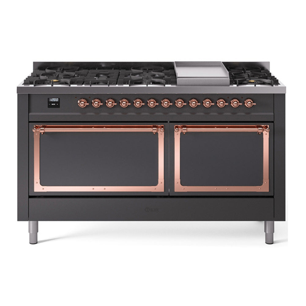 ILVE Nostalgie II Noblesse 60" Graphite Matte Dual Fuel Range with 9 Burners and Griddle Solid Door Natural Gas
