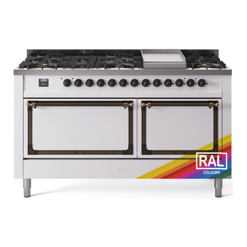 ILVE Nostalgie II Noblesse 60" RAL Dual Fuel Range with 9 Burners and Griddle Solid Door Natural Gas