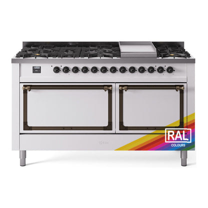 ILVE Nostalgie II Noblesse 60" RAL Dual Fuel Range with 9 Burners and Griddle Solid Door Natural Gas
