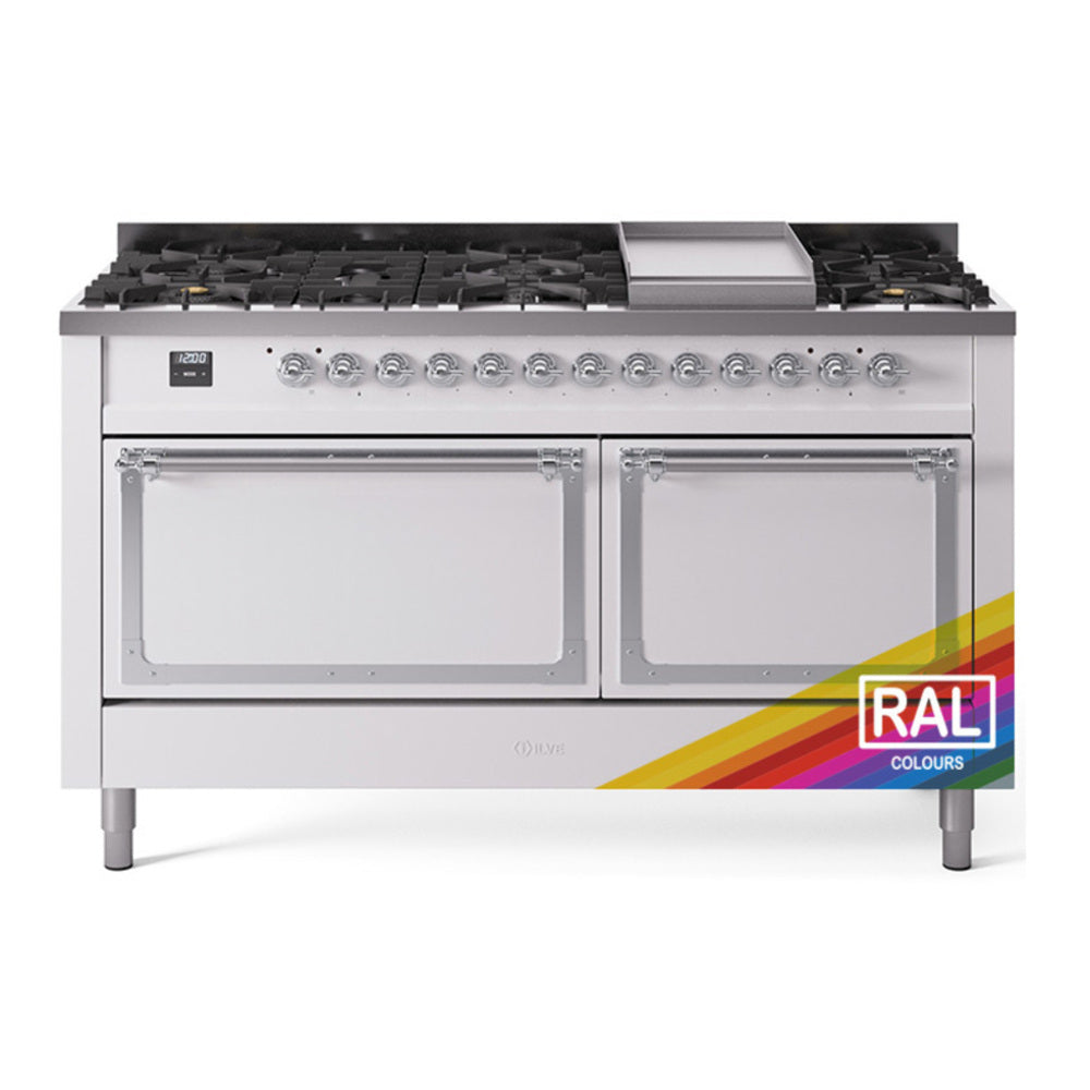 ILVE Nostalgie II Noblesse 60" RAL Dual Fuel Range with 9 Burners and Griddle Solid Door Natural Gas