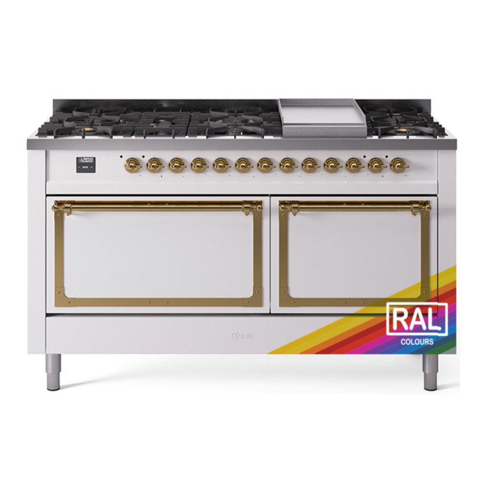 ILVE Nostalgie II Noblesse 60" RAL Dual Fuel Range with 9 Burners and Griddle Solid Door Natural Gas