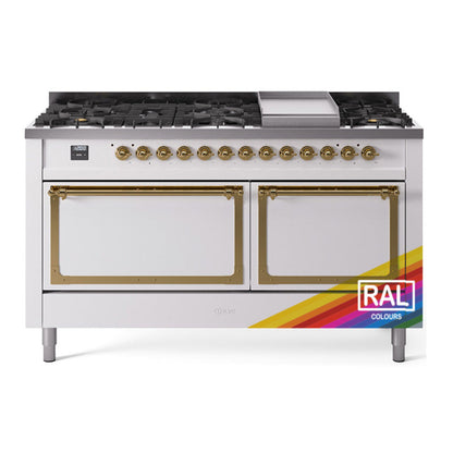 ILVE Nostalgie II Noblesse 60" RAL Dual Fuel Range with 9 Burners and Griddle Solid Door Natural Gas