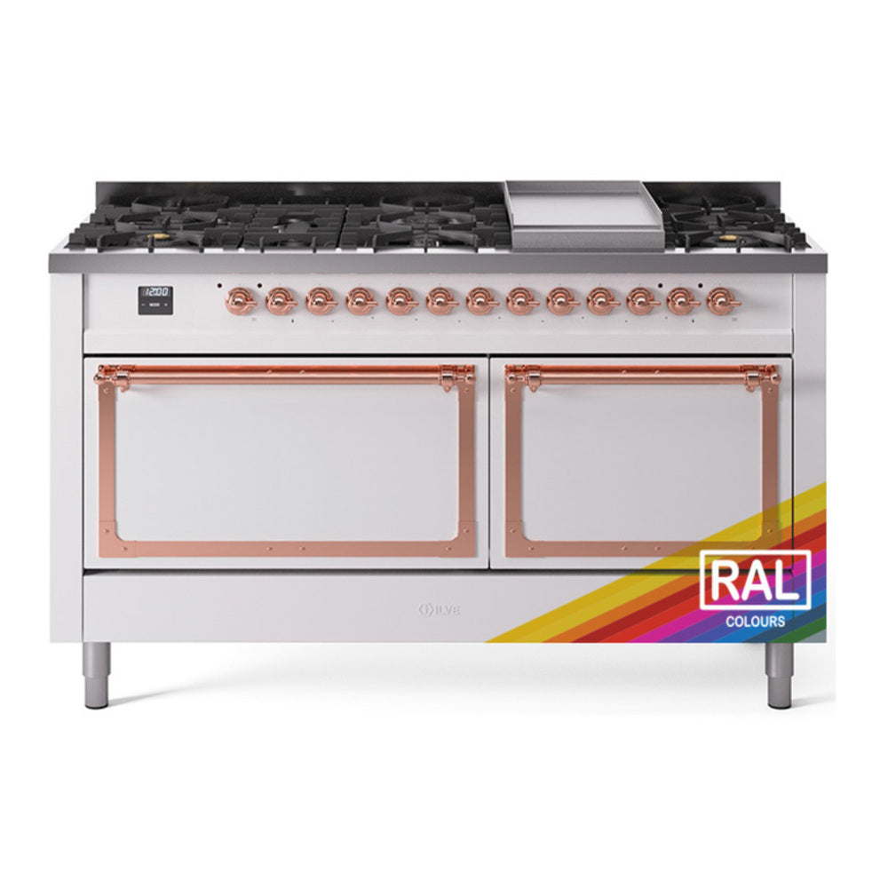 ILVE Nostalgie II Noblesse 60" RAL Dual Fuel Range with 9 Burners and Griddle Solid Door Natural Gas