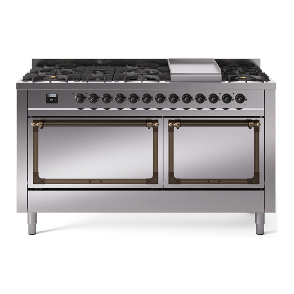 ILVE Nostalgie II Noblesse 60" Stainless Steel Dual Fuel Range with 9 Burners and Griddle Solid Door Natural Gas