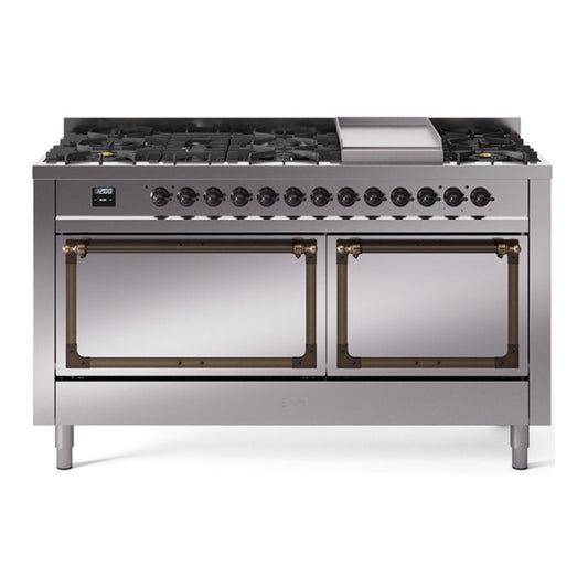 ILVE Nostalgie II Noblesse 60" Stainless Steel Dual Fuel Range with 9 Burners and Griddle Solid Door Natural Gas
