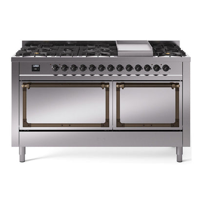 ILVE Nostalgie II Noblesse 60" Stainless Steel Dual Fuel Range with 9 Burners and Griddle Solid Door Natural Gas