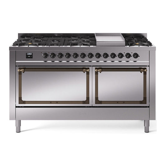 ILVE Nostalgie II Noblesse 60" Stainless Steel Dual Fuel Range with 9 Burners and Griddle Solid Door Natural Gas
