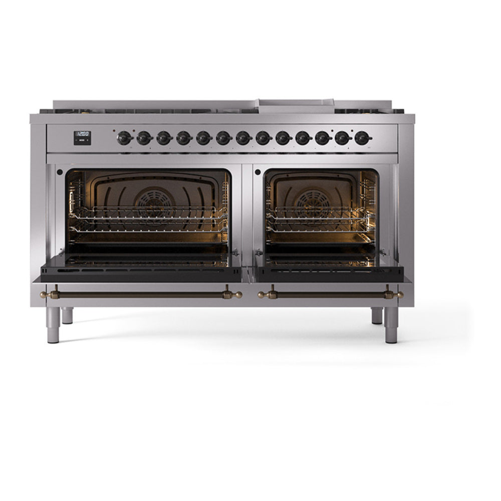 ILVE Nostalgie II Noblesse 60" Stainless Steel Dual Fuel Range with 9 Burners and Griddle Solid Door Natural Gas