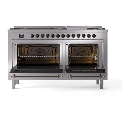 ILVE Nostalgie II Noblesse 60" Stainless Steel Dual Fuel Range with 9 Burners and Griddle Solid Door Natural Gas