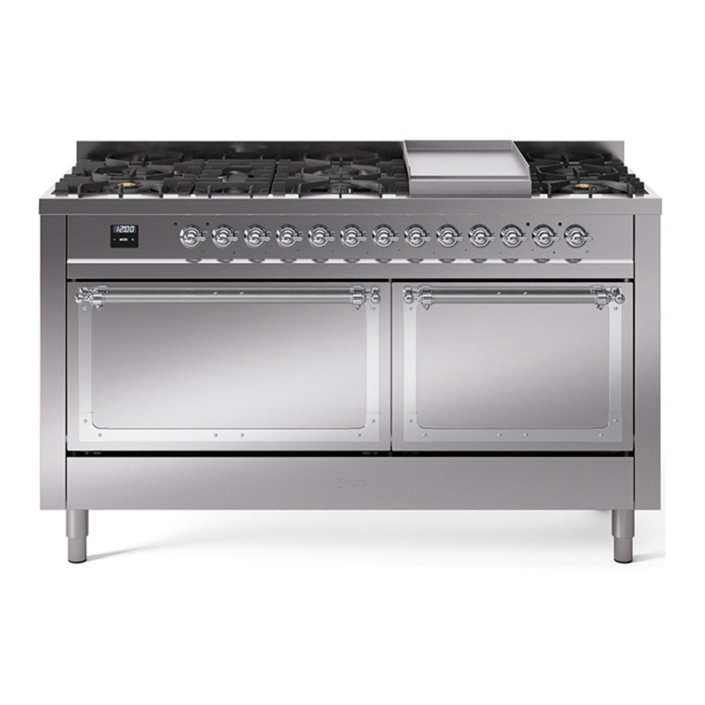 ILVE Nostalgie II Noblesse 60" Stainless Steel Dual Fuel Range with 9 Burners and Griddle Solid Door Natural Gas